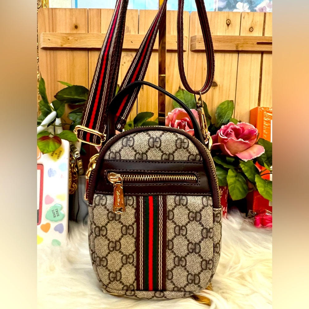 Mini Crossbody Bag in Beige & Brown with Green-Red Stripe